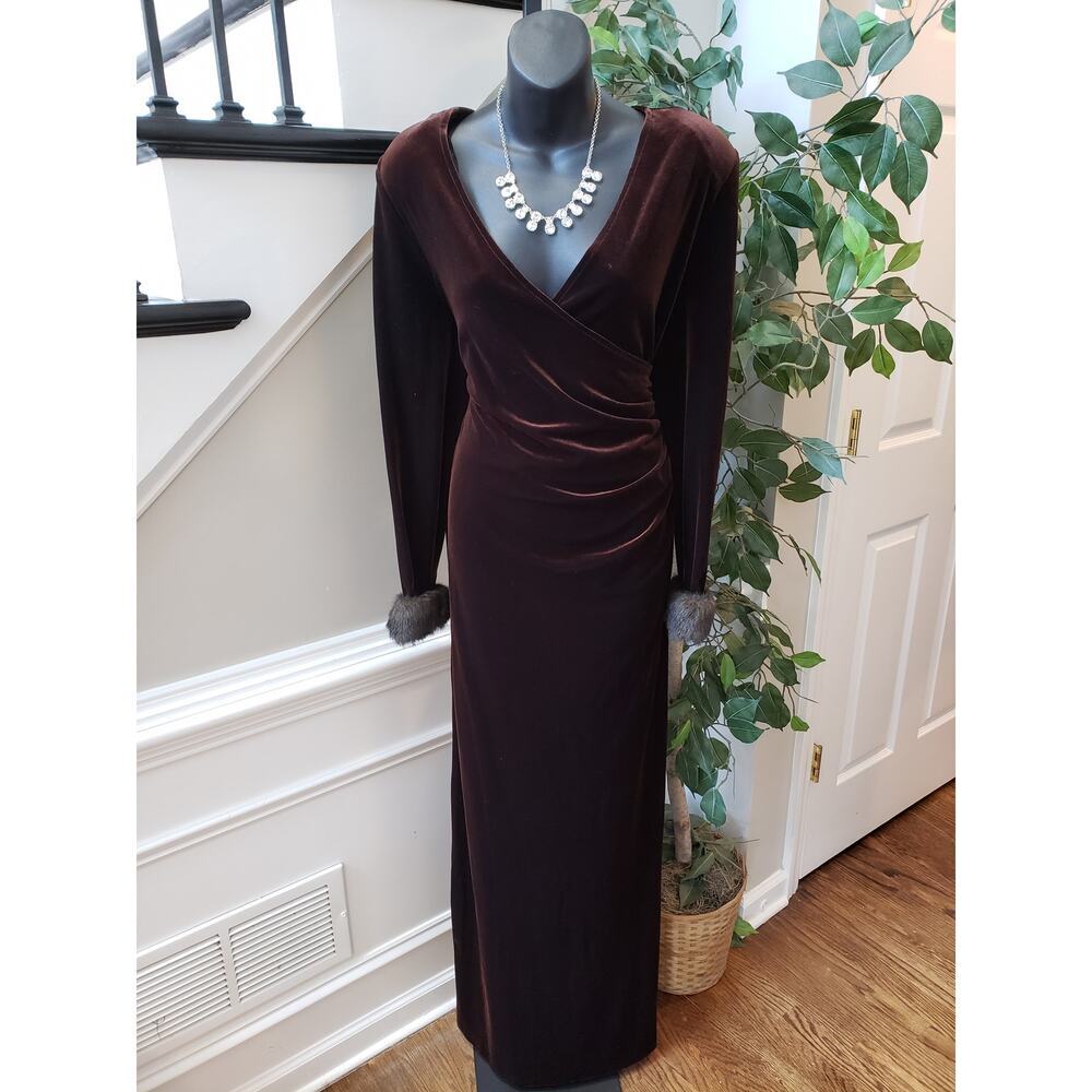 Viintage Cachet Long Maxi Dress 16 Brown‎ Velour Long Sleeve Faux Fur Formal